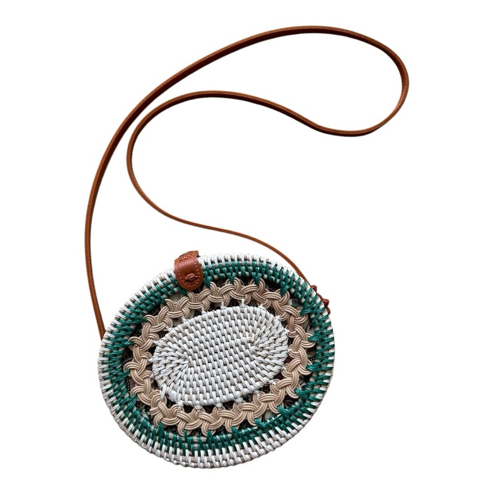 Hand Woven Basket Bag from Bali - Green and Tan Round Crossbody Bag